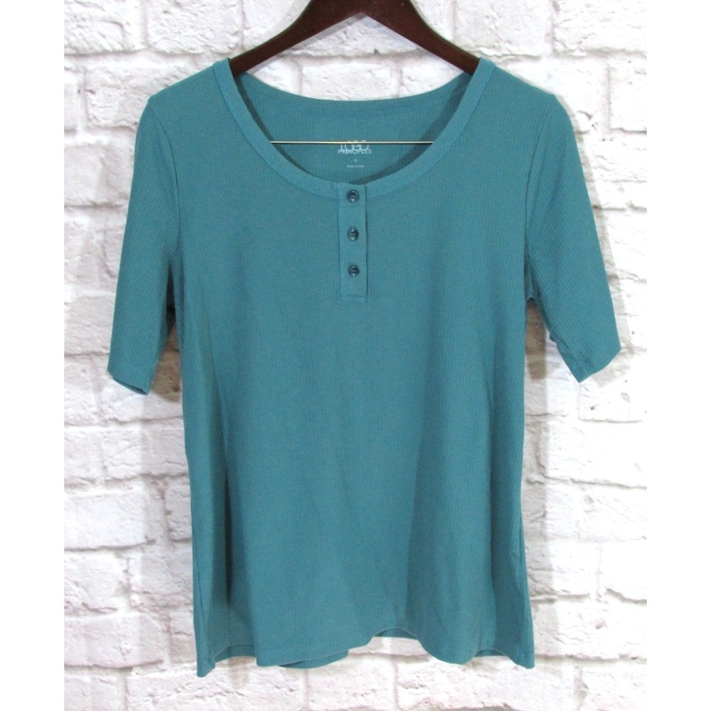 LOGO Principles Lori Goldenstein Teal Henley Ribbed Top Women's Medium EUC